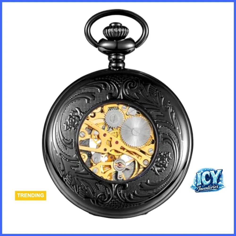 Mechanical Hand Wind Pocket Watch with Chain, Vintage Steampunk Accessory